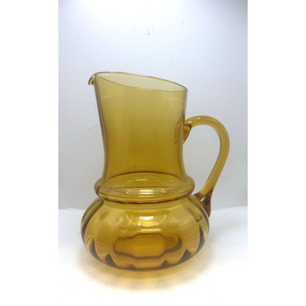 VTG Pilgrim Art Glass Optic Ridges MCM Amber brown Applied Handle Pitcher 8.5 In